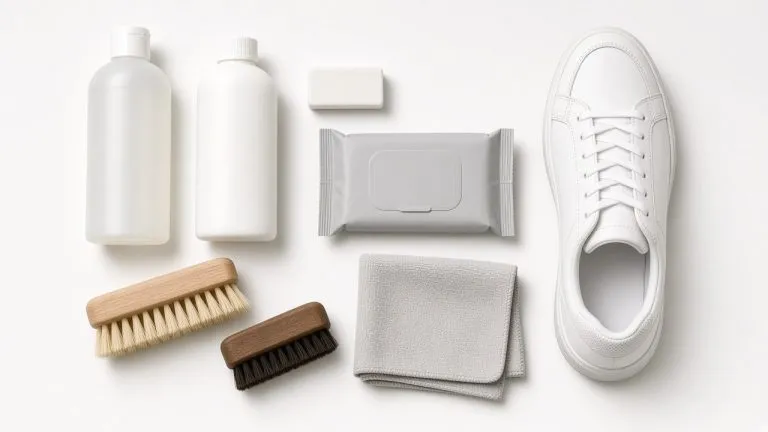 Flatlay mit Reinigungsflaschen, Bürsten, Radierer, Tüchern und einem weißen Sneaker