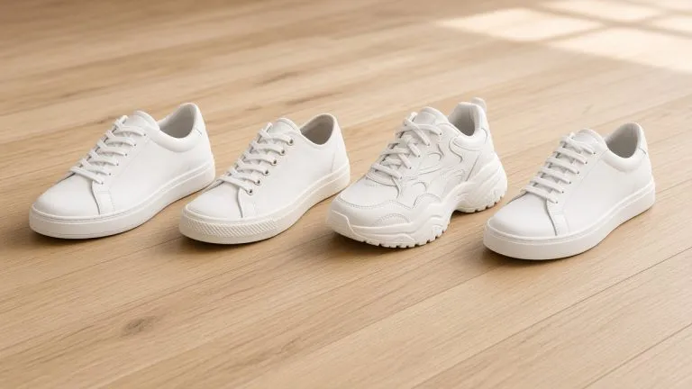 Vier verschiedene weiße Sneaker in einer Reihe auf hellem Holzboden