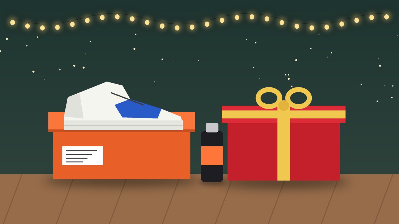 Illustration: Schuhkarton mit Sneaker, Pflegespray und Geschenk unter Lichterkette