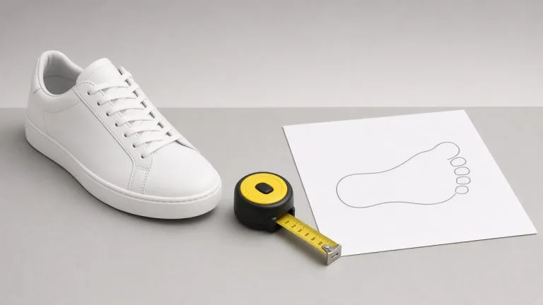 Weißer Leder Sneaker neben Maßband und Fußumriss auf Papier