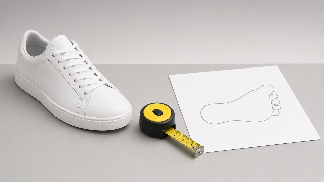 Weißer Leder Sneaker neben Maßband und Fußumriss auf Papier