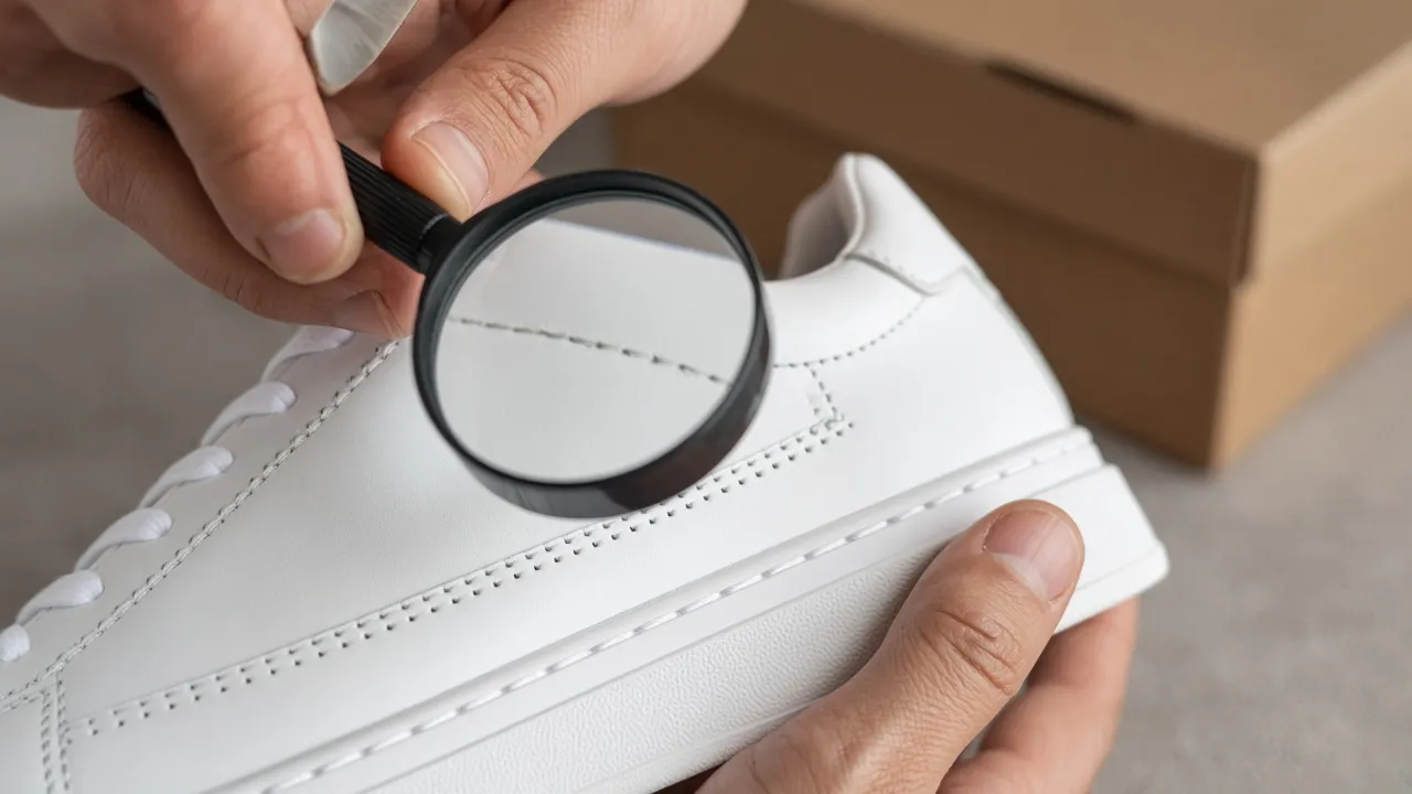 Person prüft die Nähte eines weißen Sneakers mit einer Lupe