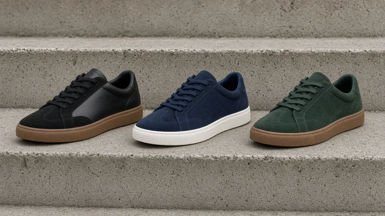 Drei Retro Sneaker im Terrace Stil aus Leder und Wildleder auf Betonstufen