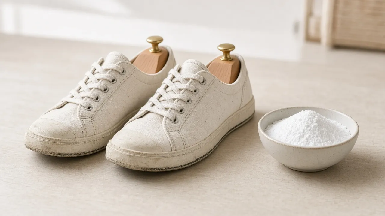 Getragene helle Sneaker mit Zedernholz Schuhspannern und einer Schale Natron