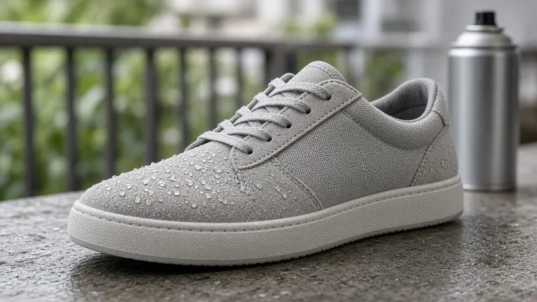 Grauer Sneaker mit abperlenden Wassertropfen auf einem Balkon