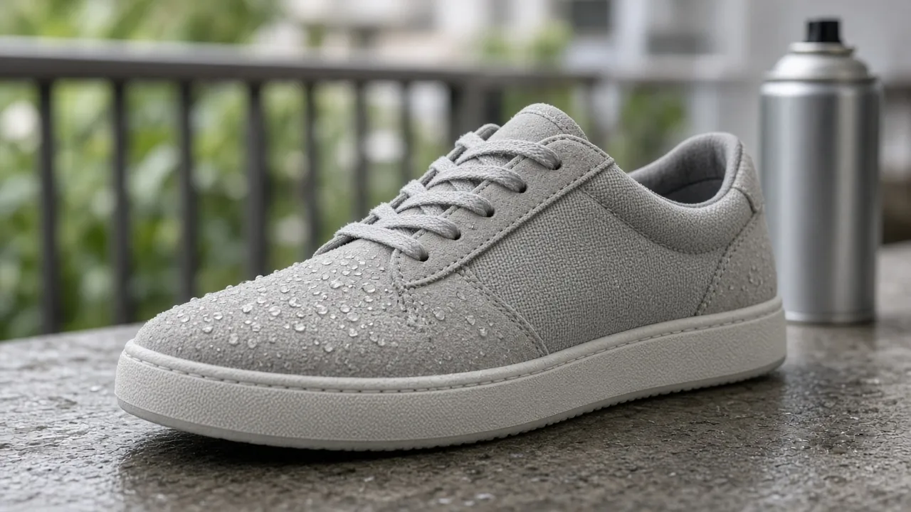 Grauer Sneaker mit abperlenden Wassertropfen auf einem Balkon