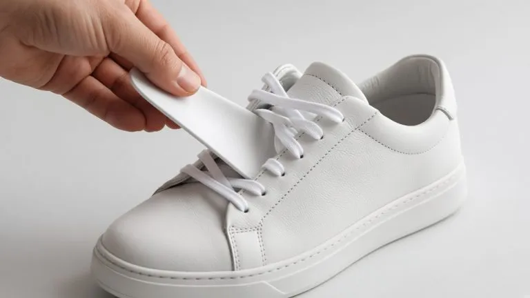 Hand schiebt einen Crease Protector unter die Zunge in den Zehenbereich eines weißen Sneakers
