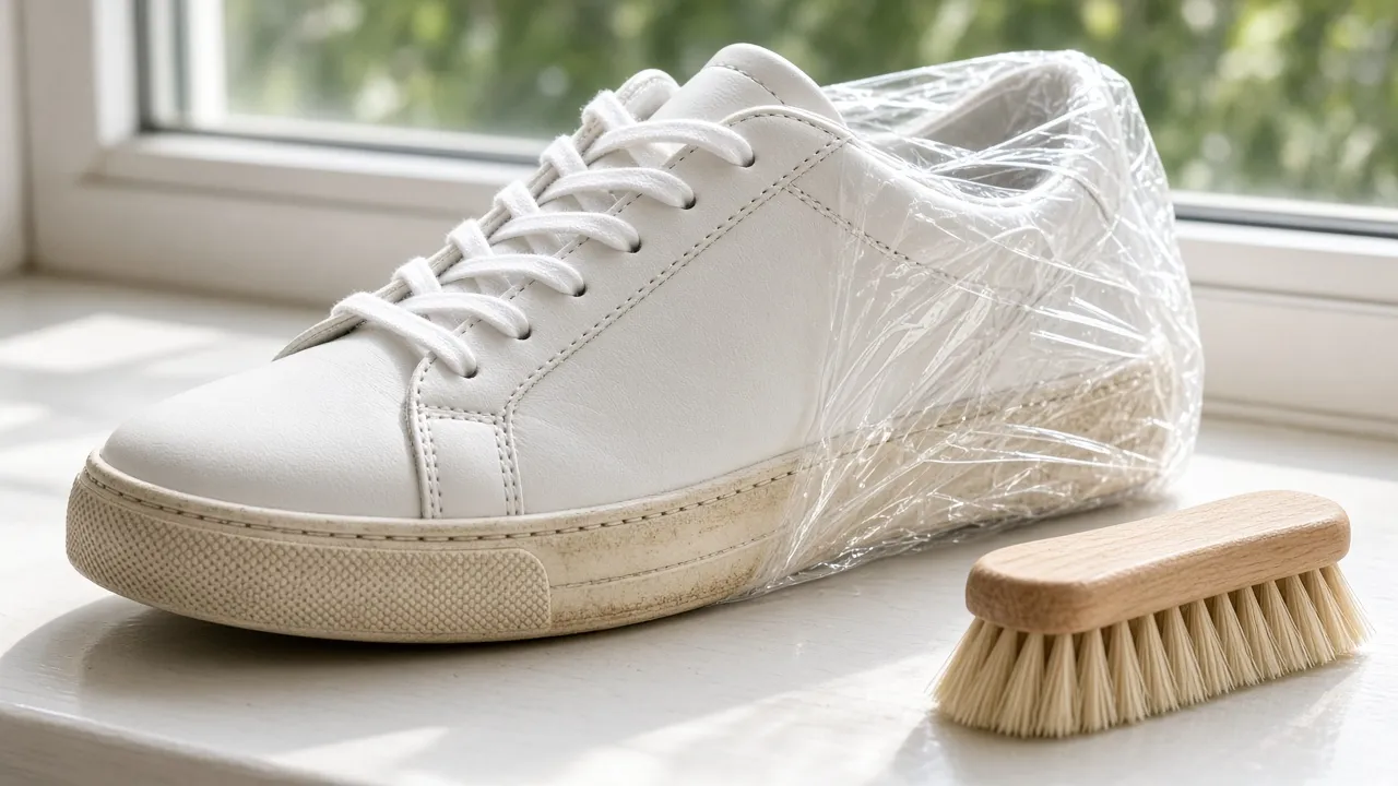 Weißer Sneaker mit vergilbter Sohle in Frischhaltefolie auf der Fensterbank