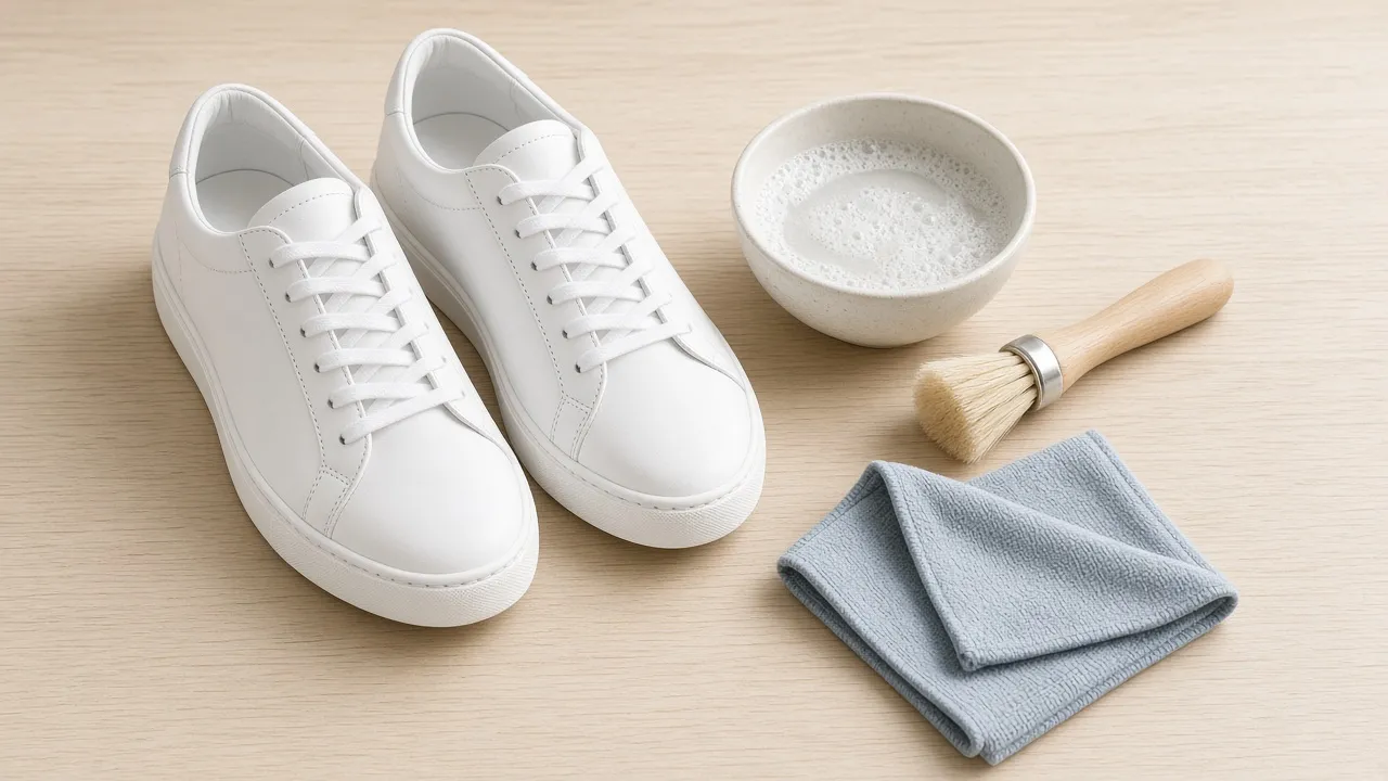 Weiße Sneaker mit Bürste, Seifenwasser und Mikrofasertuch