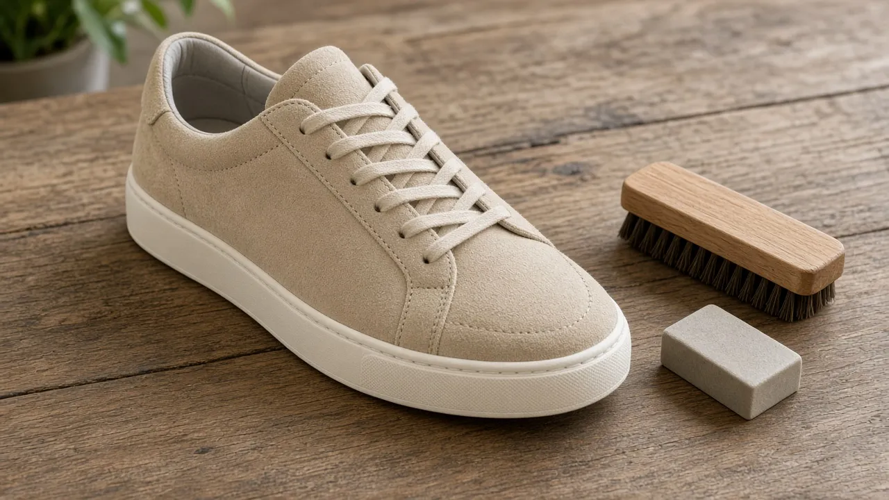 Beiger Wildleder Sneaker mit Wildlederbürste und Radierer auf Holztisch
